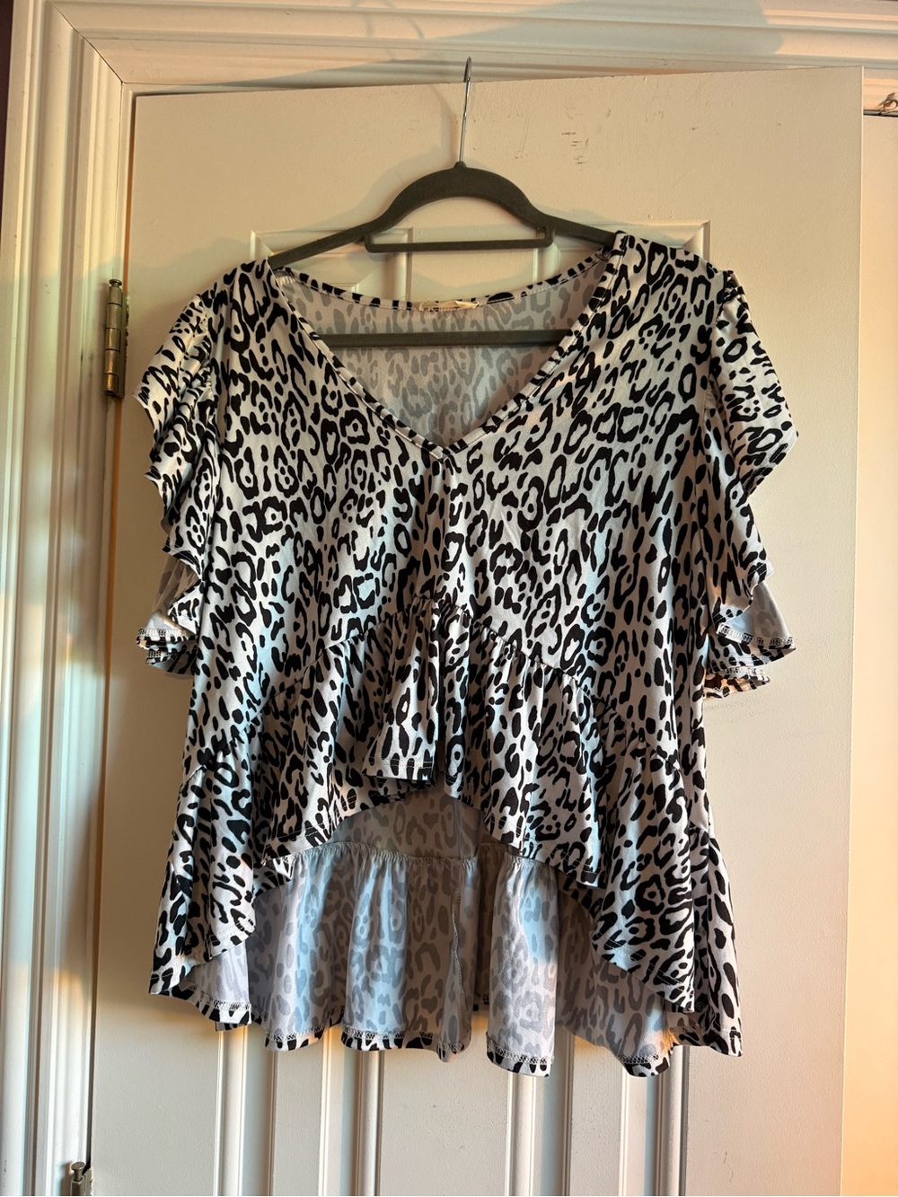 Altar'd State Black and White Leopard Print V-Neck Ruffle Blouse